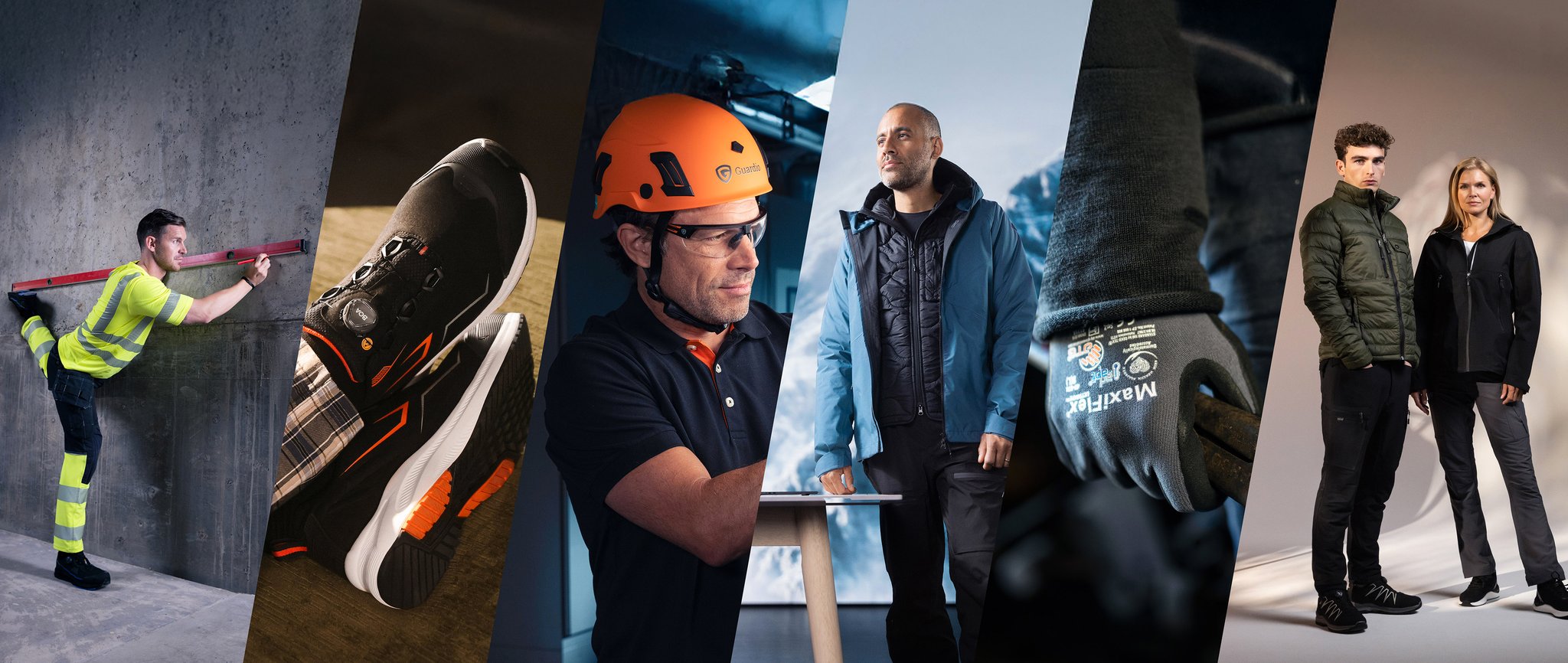 Eine Montage, die eine Auswahl des Sortiments von Båstadgruppen zeigt, darunter Arbeitskleidung, Sicherheitsschuhe, Helme, Arbeitshandschuhe und Markenkleidung für verschiedene Berufe.