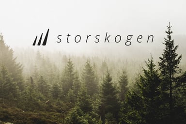 Storskogen-logo over en tåkete granskog. Symboliserer Båstadgruppens eierskap og langsiktige fremtid som en del av Storskogen siden 2019.