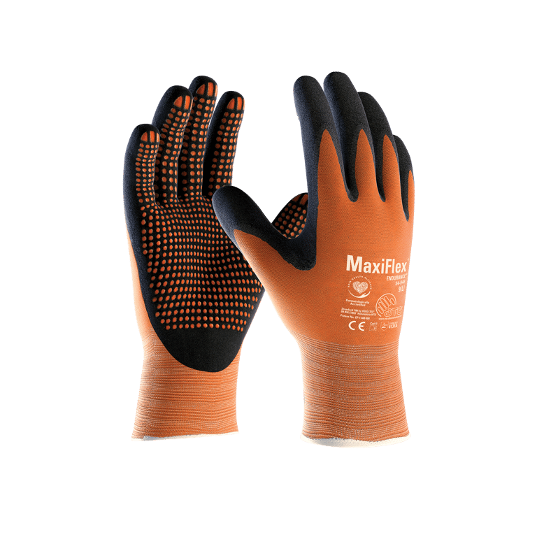 Produktabbildung der ATG MaxiFlex Endurance Handschuhe – orangefarbene Arbeitshandschuhe mit gepunktetem Griffmuster und schwarzer Innenhand. Anklickbares Bild mit Link zu ATG-Produkten im Webshop von Båstadgruppen.