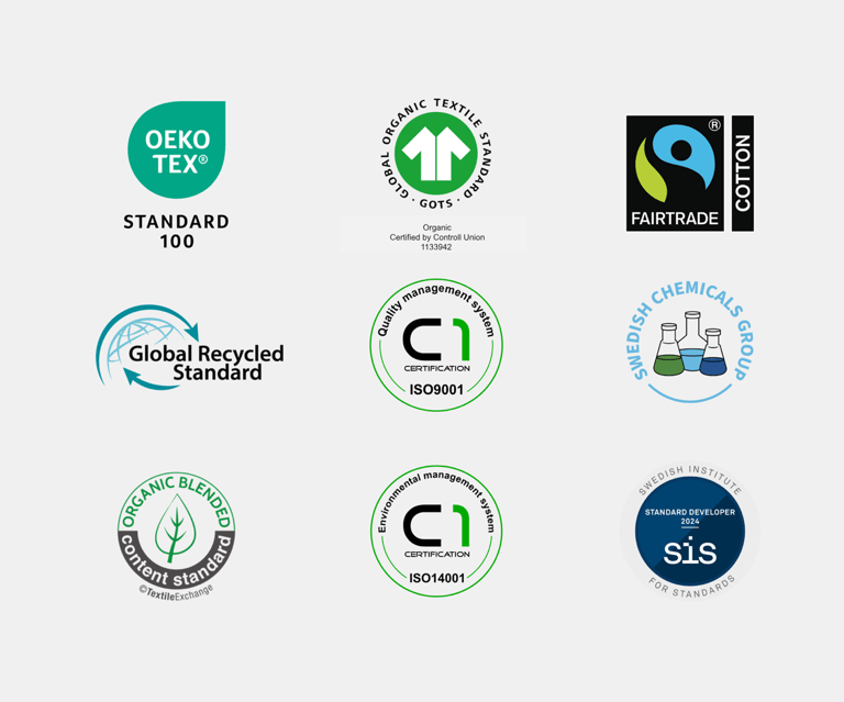 Oversigt over bæredygtighedscertificeringer, som Båstadgruppen opfylder, inklusive OEKO-TEX og GRS.