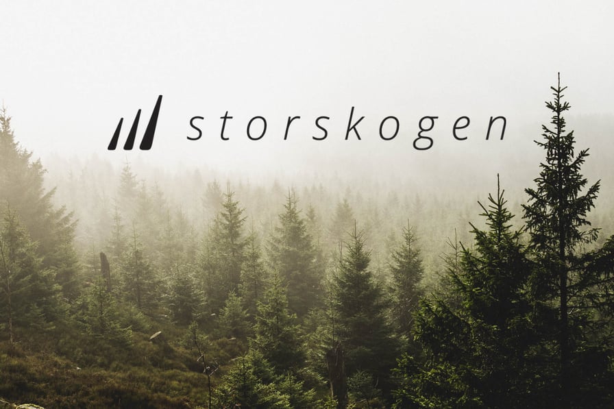 Storskogen-Logo über einem nebligen Fichtenwald. Steht für die Eigentümerschaft und die langfristige Zukunft von Båstadgruppen als Teil von Storskogen seit 2019.