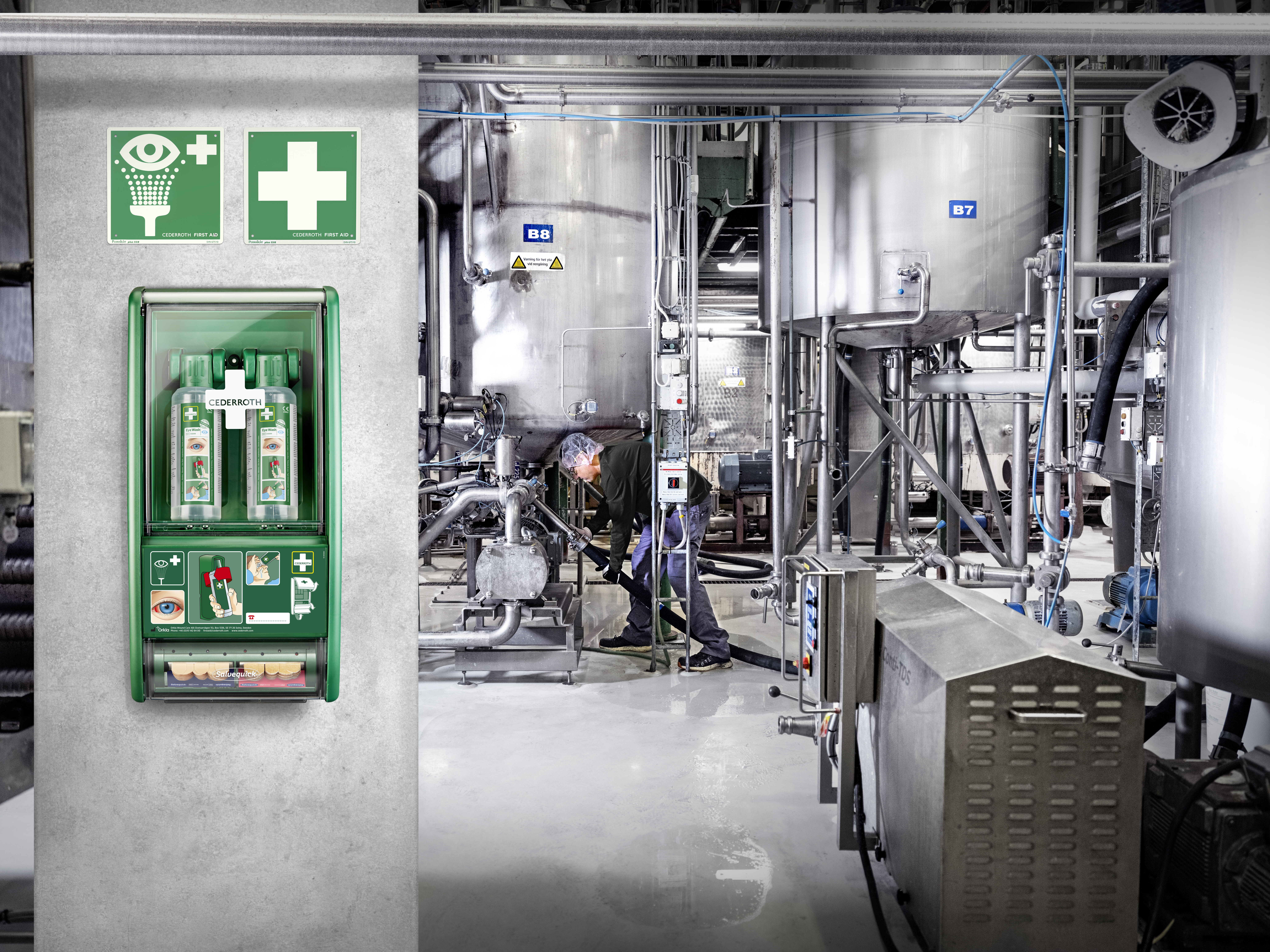 Industrial hall with green first aid station