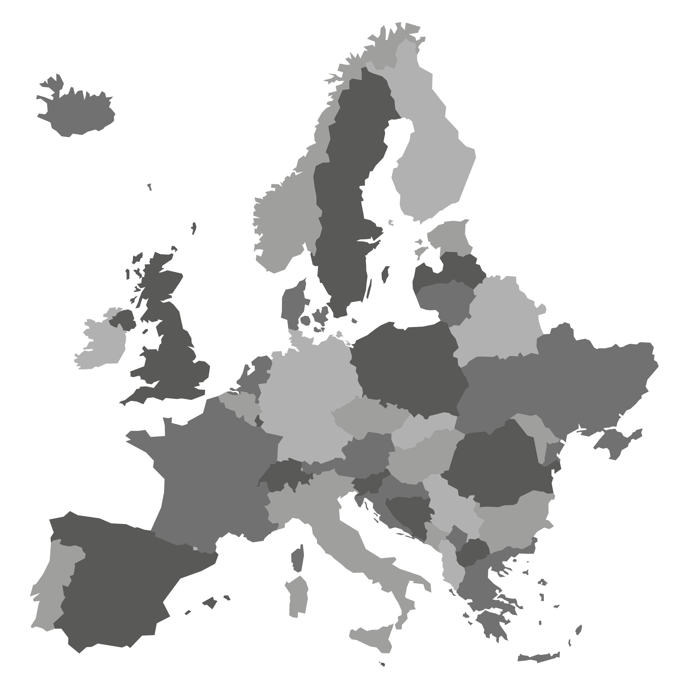 Euroopan kartta harmaasävyisenä, käytetään yhteystietojen yhteydessä.
