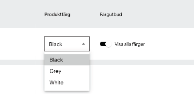 bild på rullgardinsmeny med valbara färger
