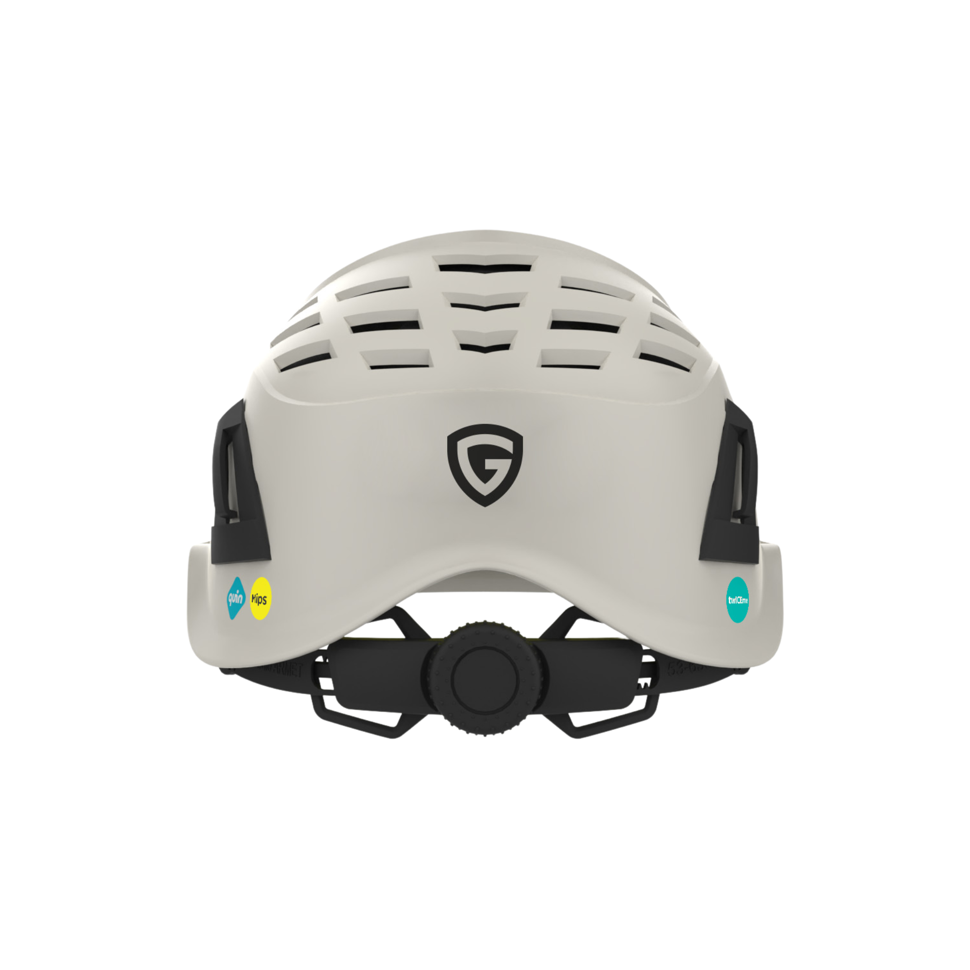 Baksidan av en Armet PRO-hjälm med justeringsratt, ventilationskanaler och centrerad Guardio-logotyp.