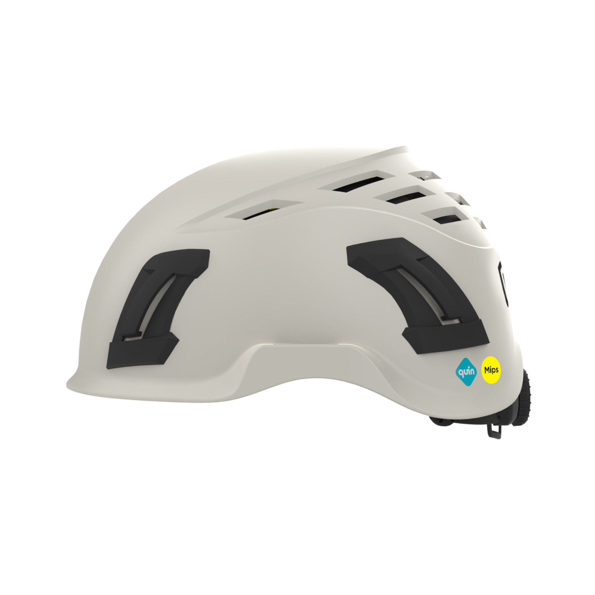 Armet PRO-hjälm sedd från sidan med slimmad design, ventilationsöppningar och logotyper från Guardio och Quin.