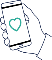 Illustration av en hand som håller en smartphone med ett hjärtsymbol, vilket symboliserar lagring och åtkomst till nödkontakter direkt i hjälmen.