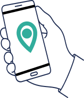 Illustration av en hand som håller en smartphone med en platsmarkör-ikon, vilket representerar delning av användarens exakta position till räddningspersonal.