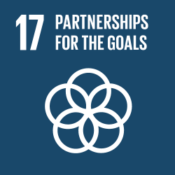 Verdensmål 17: Partnerskab for handling – symbol med sammenflettede cirkler i hvid på mørkeblå baggrund.