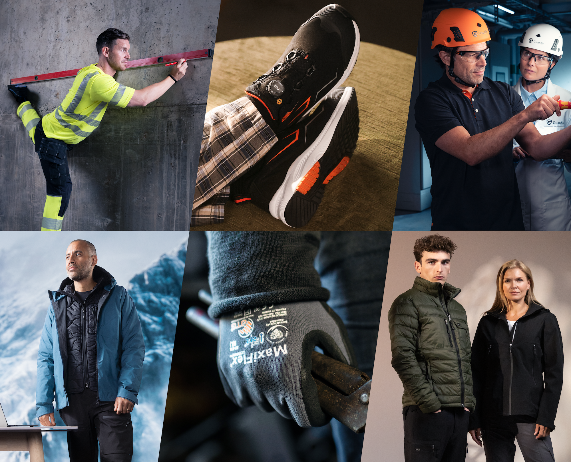 Montage med arbejdstøj, sikkerhedssko, handsker og funktionsjakker fra Båstadgruppens brands.