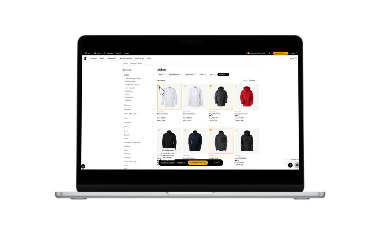 Downloadtilstand er aktiv; sort sidehoved og flere produkter markeret til download.